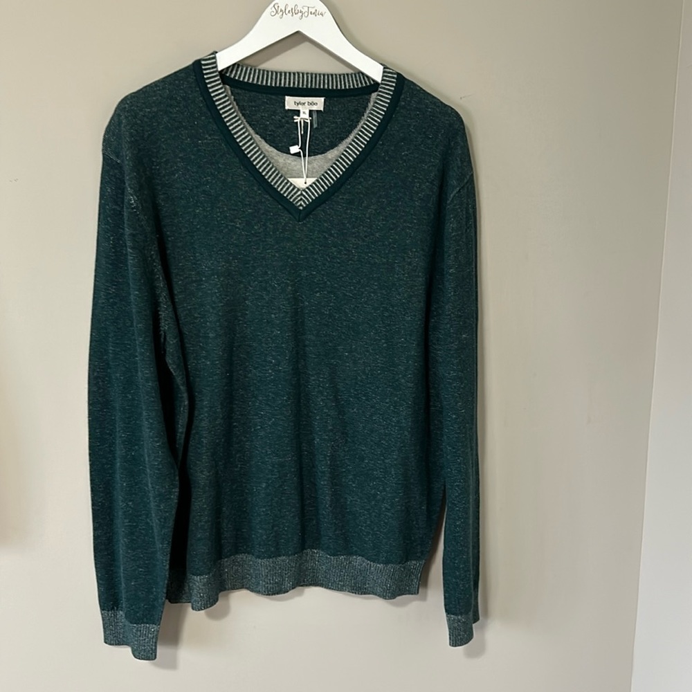 Tyler Boe Mens Vneck Sweater Pine Green Cotton Cashmere Jumper Sz XL NEW